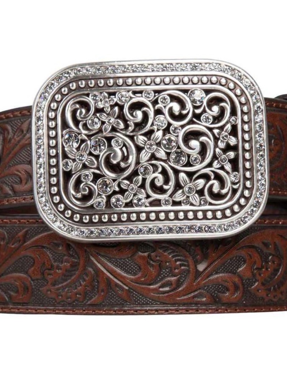 Ariat Tooled Brown Leather Belt with Filigree Silver Buckle